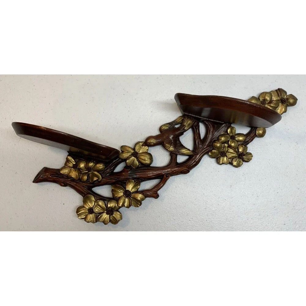 Vintage Bird Dogwood Wood Two Shelf Plate Rack Wall Display Asian Carved MCM